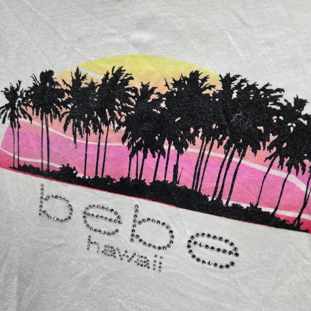 VINTAGE Bebe Women Top Large White Graphic Rhinestone‎ Hawaii Shirt - Picture 4 of 11